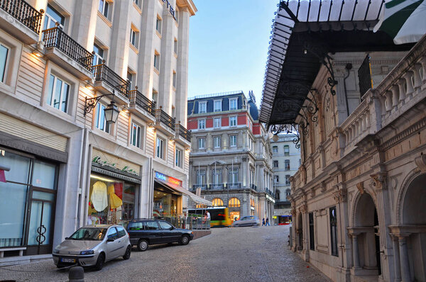 Rua do Jardim do Regedor and Avenida Palace Hotel at Restauradores Square (Praca dos Restauradores) in Lisbon, Portugal.