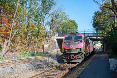 MBTA Banliyö Demiryolu # 2021 MPI HSP46 lokomotifi Wellesley Meydanı İstasyonu, Wellesley, Massachusetts, ABD.
