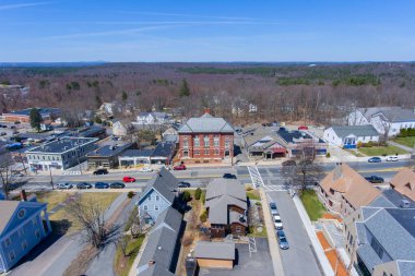 Hopkinton town center aerial view of Town Hall in early spring in Hopkinton, Massachusetts MA, USA.
