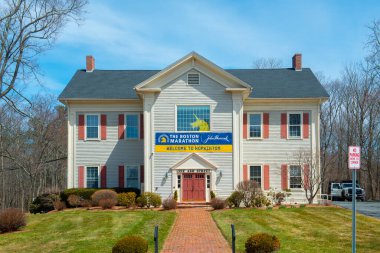 Boston Marathon office building near Start Line on Main Street in town of Hopkinton, Massachusetts MA, USA.