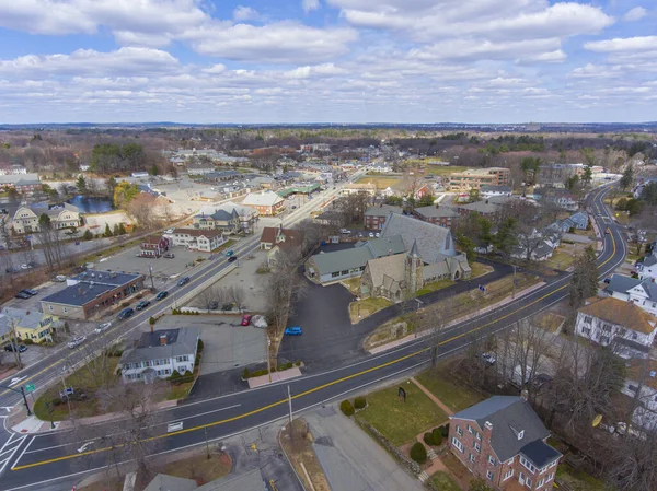 All Saints\' Episcopal Church aerial view in historic town center in spring, Chelmsford, Massachusetts, MA, USA.