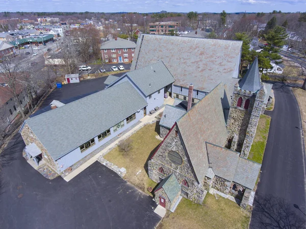All Saints\' Episcopal Church aerial view in historic town center in spring, Chelmsford, Massachusetts, MA, USA.
