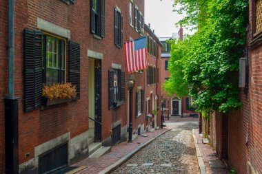 Boston, Massachusetts MA, ABD 'nin tarihi şehir merkezinde Beacon Hill' de kaldırım taşı ve tarihi sıra evleri olan Acorn Caddesi.. 
