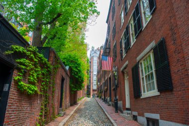 Boston, Massachusetts MA, ABD 'nin tarihi şehir merkezinde Beacon Hill' de kaldırım taşı ve tarihi sıra evleri olan Acorn Caddesi.. 