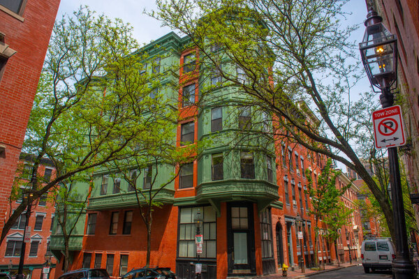 Historic Buildings at 63 Myrtle Street at Garden Street on Beacon Hill, Boston, Massachusetts MA, USA.