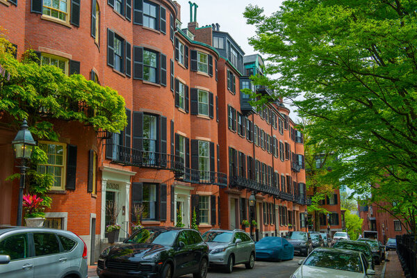 Historic Buildings at 9 Louisburg Square near Pinckney Street on Beacon Hill, Boston, Massachusetts MA, USA.