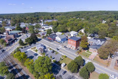 Ashland town center aerial view including Federated Church and Town Hall in Ashland, Massachusetts MA, USA. clipart