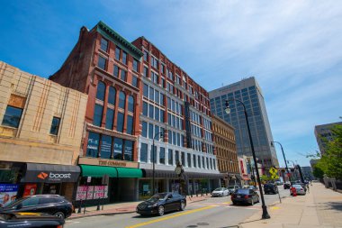 Worcester, Massachusetts MA 'nın merkezindeki Commercial Caddesi, 38 Front Caddesi' ndeki Tarihi Takip Binası.. 