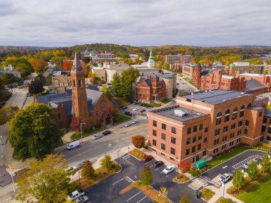 United Congregational church aerial view at 6 Institute Road with fall foliage in city of Worcester, Massachusetts MA, USA.  clipart