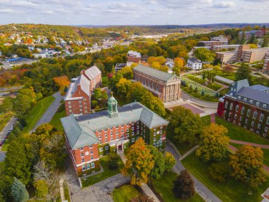 College of the Holy Cross and landscape aerial view with fall foliage, City of Worcester, Massachusetts MA, USA.  clipart
