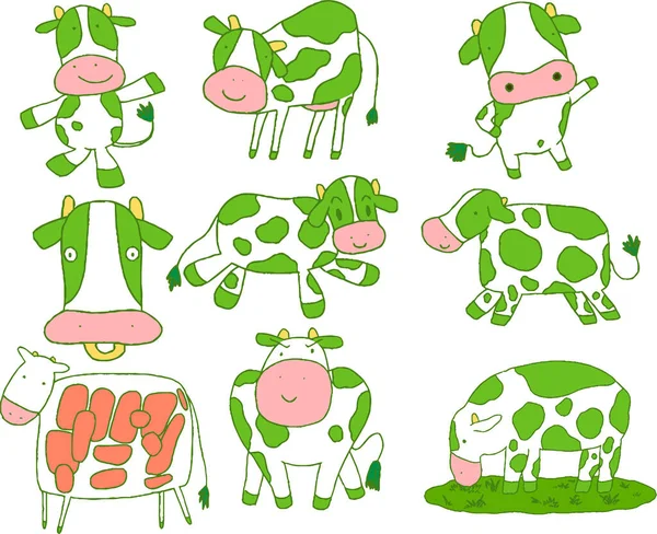 这是一幅绿色可爱的手绘荷尔斯泰因奶牛的画 — 图库矢量图片