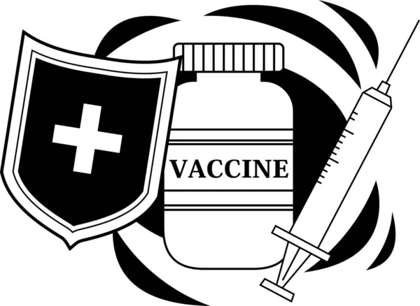 これはモノクロームのかわいいウイルス予防ワクチン注射のイラストです — ストックベクタ