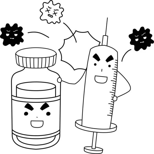Dit Een Illustratie Van Monochrome Schattig Virus Preventief Vaccin Injectie — Stockvector