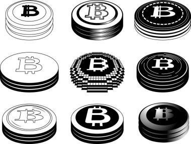 Bu tek renkli 3 Bitcoin madalyalarının bir illüstrasyonu. 