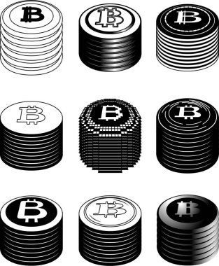 Bu, biriken tek renkli Bitcoin madalyalarının bir çizimi. 