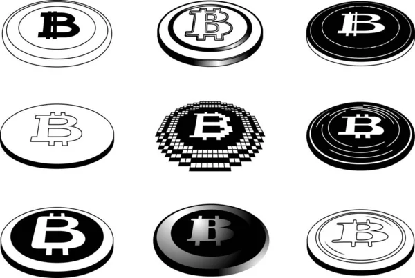 Esta Una Ilustración Las Medallas Bitcoin Monocromo Colocadas Solo Plano — Vector de stock