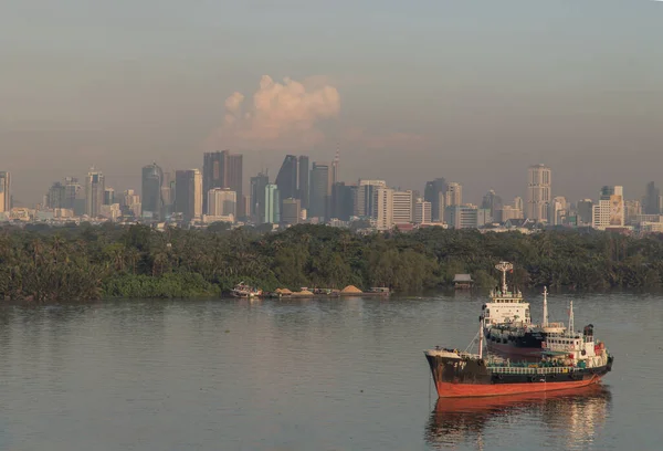Bangkok, Tayland - 20 Kasım 2020: Nehrin ortasına ve akşam üzeri Chao Phraya Nehri kıyısında gökdelenleri olan yeşil bir ormanın önüne park etmiş bir kargo gemisi. Seçici odak.