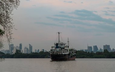Bangkok, Tayland - 04 Ocak 2021: Akşam Chao Phraya Nehri 'nin ortasına park etmiş bir kargo gemisi ve arkasında da yeşil ormanlar ve gökdelenler var. Seçici odak.