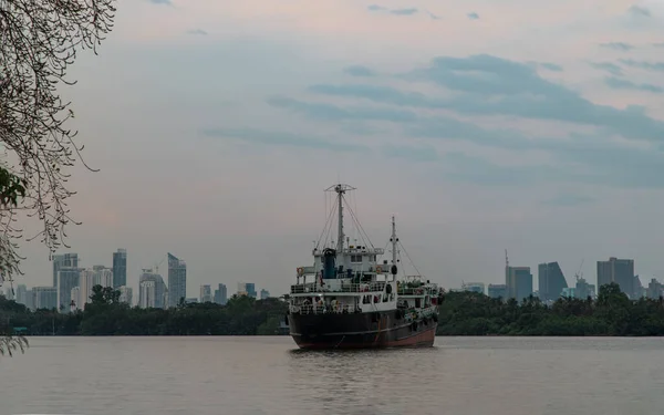 バンコク2021年1月4日 チャオプラヤ川の真ん中に停泊する貨物船で 背景には緑の森と高層ビルがあります 選択的焦点 — ストック写真