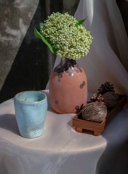 Mavi Seramik Kupa Vazoda Bir Demet Çiçek Kurutulmuş Cerbera Oddloam — Stok fotoğraf