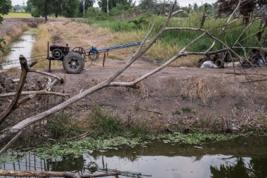 Eski manuel Power Tiller, iki tekerlekli tarımsal bir cihaz. Döner dümencilerle donatılmış. Bir tarlada kanal kanalı var. Seçici odak.