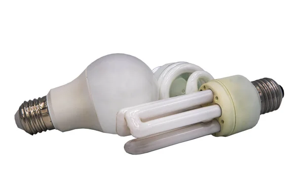 Various Energy Saving Lamp Light Bulb Spiral Bulb Isolated White — Stock Photo, Image