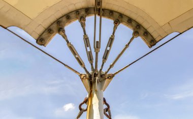 Tansiyon membran çatısının bağlantı noktaları. Mavi gökyüzü arka planında gerilim çeperinin çatısı için kablo gerilimi. Bağlantılar konsepti ve emniyeti, Seçici odak.