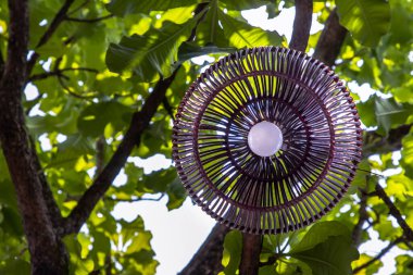Parkta süslemek için ağaçlardan sarkan örülmüş bambudan yapılmış kahverengi fener lambasına bakın. ışıklandırma dekorasyonu, Asya tarzı, Seçici odak.