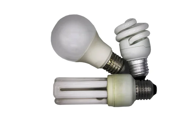 Various Energy Saving Lamp Light Bulb Spiral Bulb Isolated White — Stock Photo, Image