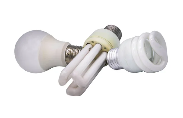 Varie Lampada Risparmio Energetico Lampadina Lampadina Spirale Isolato Sfondo Bianco — Foto Stock