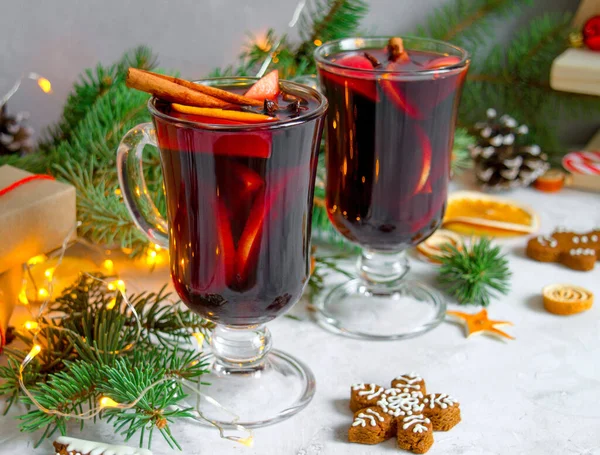 Christmas Mulled Red Wine Spices Oranges Wooden Rustic Table New — Stock Photo, Image