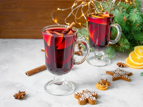 Christmas Mulled Red Wine Spices Oranges Wooden Rustic Table New — Stock Photo, Image