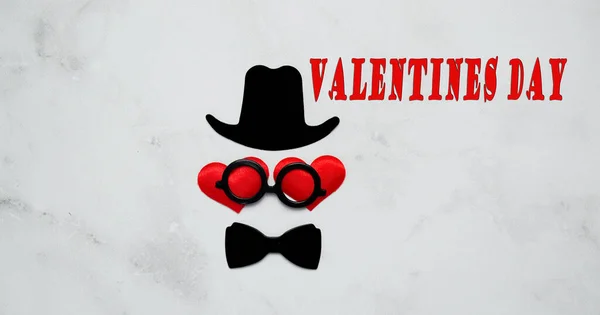 Hat, Eyeglasses, Red Heart, Mustache on white background. Valentines Day background top view. .Valentines day, international fathers day, love concept. copy space — Stock Photo, Image