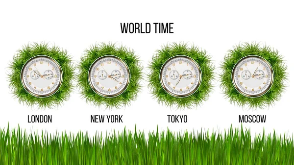 Horloge Montrant Heure Dans Différentes Villes Herbe Verte Heure Mondiale — Photo