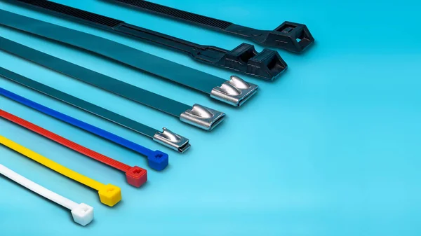 Various Types Clamps Fastening Electrical Wires Plastic Metal Screeds Electrician — Stock Photo, Image
