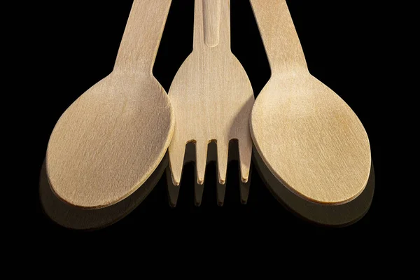 Wooden Cutlery Set Wooden Spoons Forks Black Isolated Background Eco — Stock Photo, Image