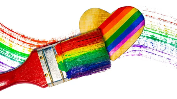 Gay Love Wooden Heart Satin Ribbons Lgbt Colors Brush Rainbow — Stock Photo, Image