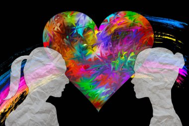 Gökkuşağı arka planında LGBT renklerinde bir kalbin arka planında iki kadının siluetleri. Siyah arka plan. Sevgililer Günü