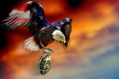 Finansal kriz kavramı ve doların düşüşü. Amerikan bayrağı renginde bir Amerikan kartalı pençelerinde bir el bombasıyla dalgalanıyor. Finansal depresyon. Ekonomik kriz. 3B resim.