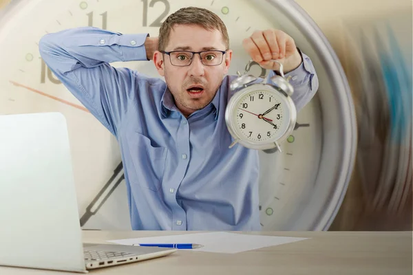 Lost Time Concept Office Worker Holding His Head Holds Out — Stock Photo, Image
