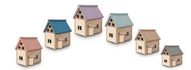 Beyaz izole edilmiş arka planda farklı renklerde ev modelleri. Gayrimenkul reklamcılığı kavramı. Almak, satmak, ev kiralamak. İpotek. Uzayı kopyala Sancak biçimi