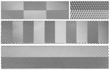 Çeşitli paslanmaz çelik dokular. Oluklu alüminyum yüzey. Tasarım için eğimli çelik arkaplan