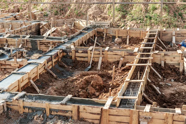 Strip Foundations Formwork Construction House Reliable Reinforced Concrete Foundation Construction — Stock Photo, Image