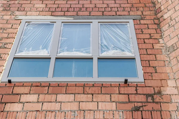 Monta Okna Murowanym Budynku Inżynieria Przemysłowa Ciemnienie Montaż Otworu Okiennego — Zdjęcie stockowe