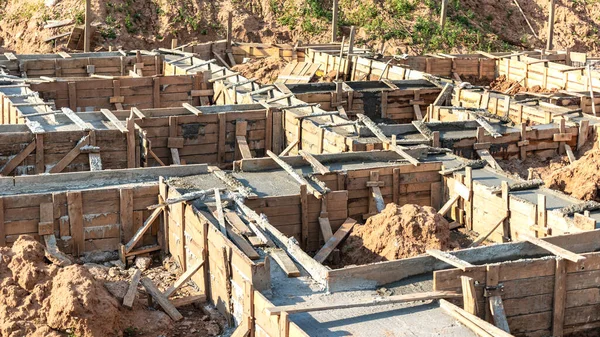 Strip Foundations Formwork Construction House Reliable Reinforced Concrete Foundation Construction — Stock Photo, Image