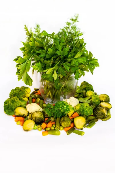 Green Vegetables Fruits Herbs Light Background Fresh Parsley Dill Broccoli — Zdjęcie stockowe