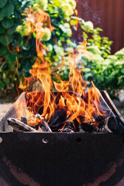Izgarada odun yanıyor. Doğada dinlen. Sıcak kömür. Şenlik ateşi