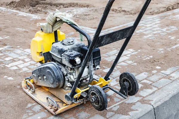 Rammer Vibratório Com Placa Vibratória Canteiro Obras Compactação Solo Antes — Fotografia de Stock