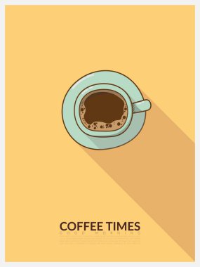 Bir fincan kahve için vektör karikatür üst görünümü, sarı arkaplanda ışık ve gölge ile mavi kupa. Kopya alanı ve metin sabah kahve saatleri ile minimal tasarım poster biçimi