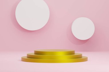 Pembe arkaplanda ürün gösterimi için yuvarlak kaidesel altın podyum ile sunum şekli, kopya alanı ile minimal biçiminde ürün tanıtım afişi için ayakta durun, 3d görüntüleme